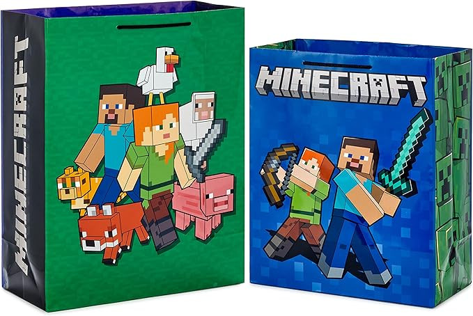 Hallmark Minecraft Gift Bag Bundle (2 Bags: 13" Large Blue Bag, 15" Extra Large Green) for Birthd... | Amazon (US)