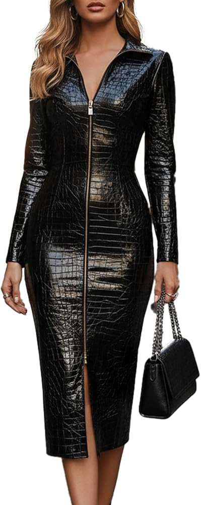 Women's Black Glossy Croc-Effect Faux Leather Midi Dress,Long Sleeve Zip-Front Bodycon Dress for ... | Amazon (US)