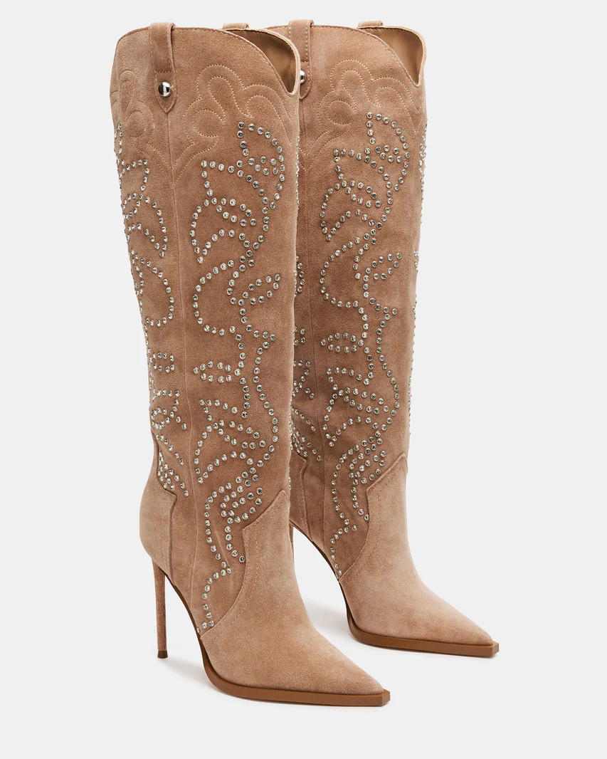 TYRANT Taupe Suede Rhinestones Western Stiletto Boot | Women's Boots | Steve Madden (US)