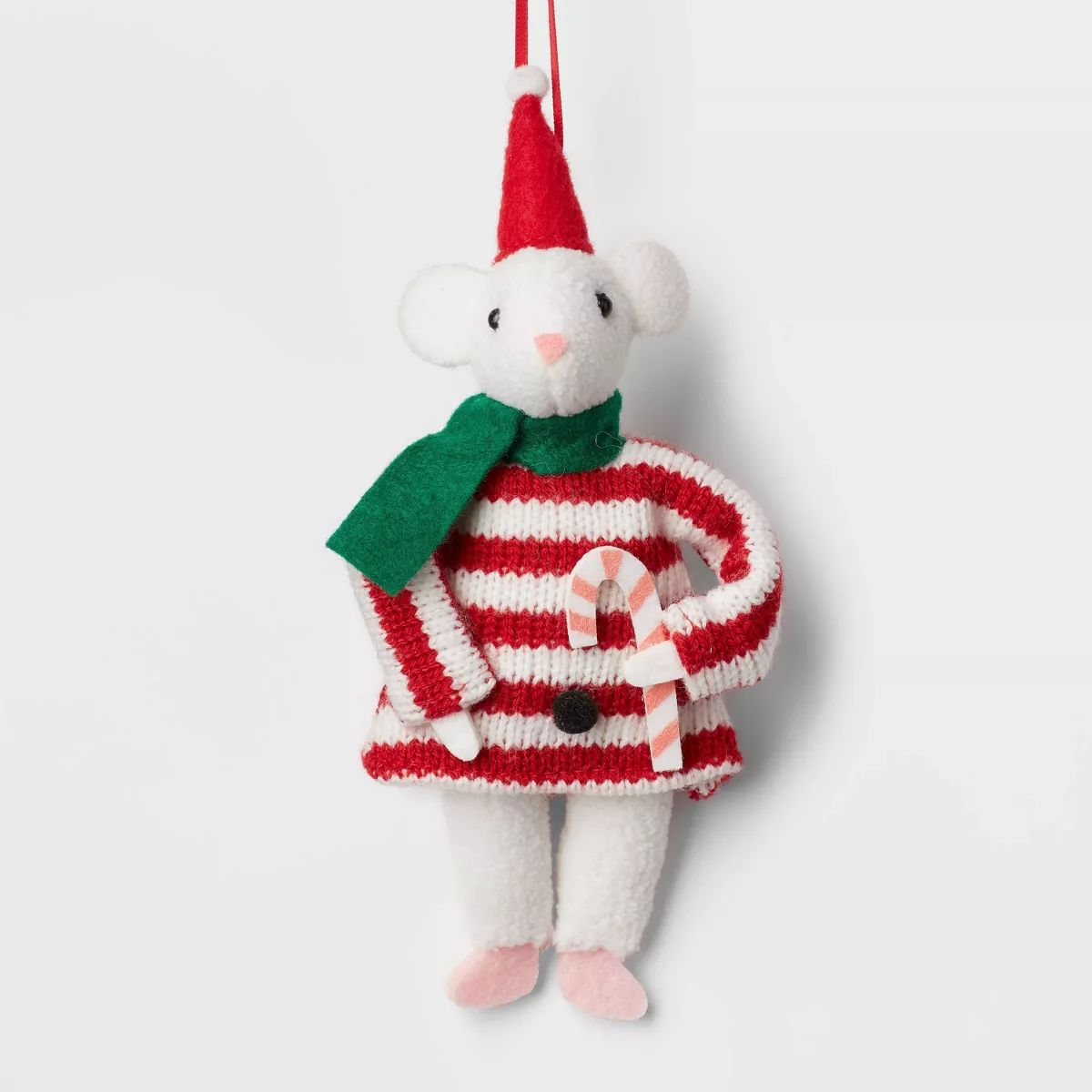 Fabric Mouse Wearing Striped Sweater Holding Candy Cane Christmas Tree Ornament White/Red - Wonde... | Target