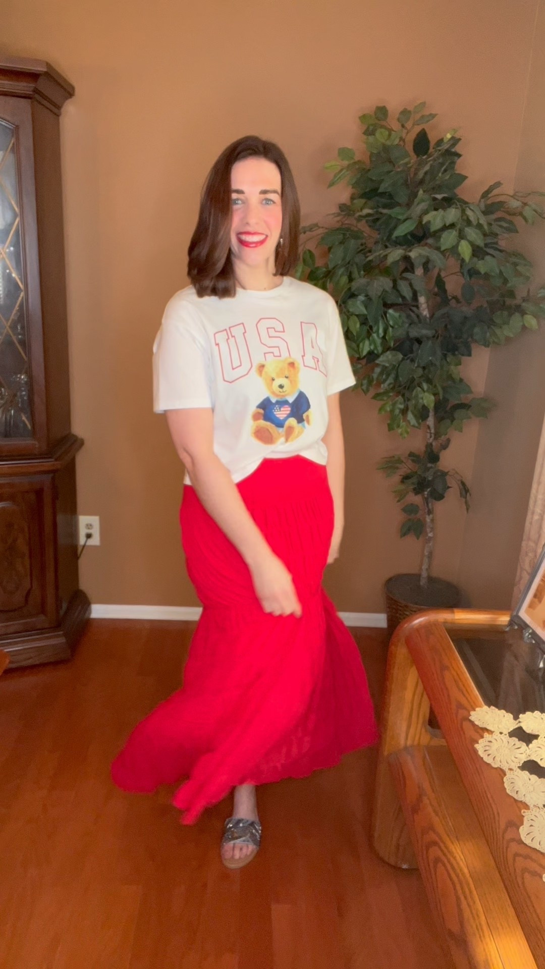 White USA bear tshirt (small). Red tiered maxi skirt (small). Jean beaded sandals (8.5). #tshirt #USAtshirt #graphictshirt #whitetshirt #skirt #maxiskirt #redskirt #tieredskirt #jeansandals #beadedsandals #sandals #slides #summeroutfit #fourthofjulyoutfit 
Sandals 

#LTKStyleTip #LTKShoeCrush #LTKFindsUnder100
