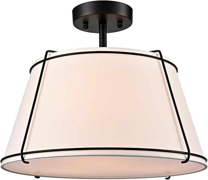 Semi Flush Mount Ceiling Light with Black Metal Fabric Drum Shade | Farmhouse Close To Ceiling Li... | Amazon (US)