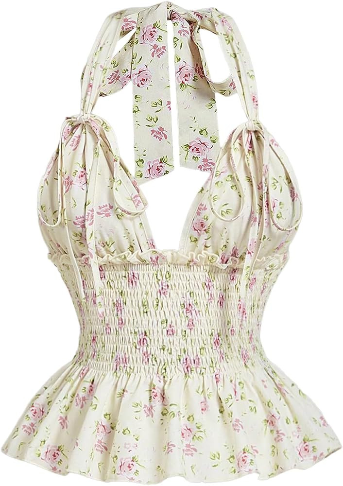 OYOANGLE Women's Boho Floral Print Tie Backless Halter Cami Tops Sleeveless Shirred Ruffle Peplum... | Amazon (US)