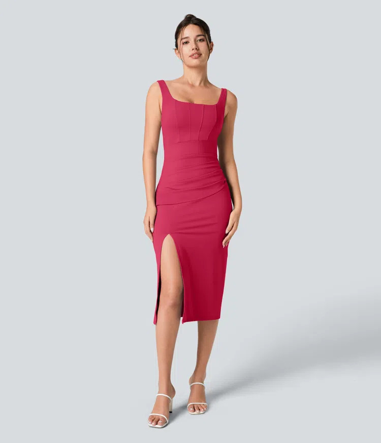 Women’s Softlyzero™ Airy Square Neck Backless Corset Ruched Split Bodycon Midi Cool Touch Bri... | HALARA