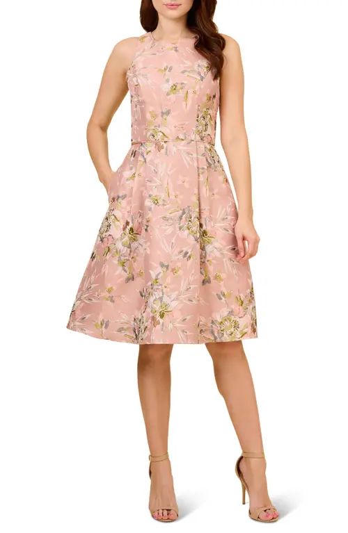 Adrianna Papell Metallic Floral Jacquard Fit & Flare Dress in Pale Azalea at Nordstrom, Size 16 | Nordstrom