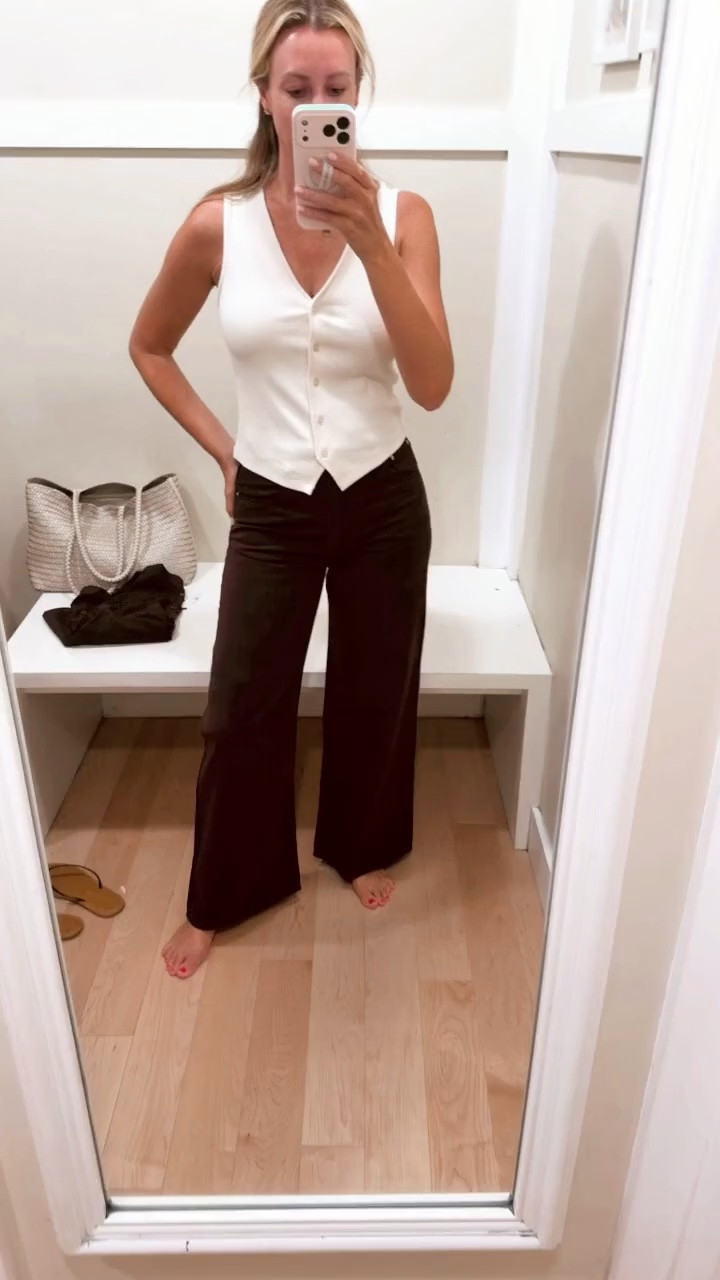 These wide leg jeans are such a good find, especially because they come in multiple inseam lengths so you can actually get the length right. I love the dark wash with this button front vest for a simple early fall outfit.

wide leg jeans, jeans multiple inseams, tall jeans, petite jeans, dark wash denim, fall denim, white vest, early fall outfit, casual fall style, denim outfit, fall fashion, HauteandHumid

#LTKootd #LTKSeasonal #LTKOver40