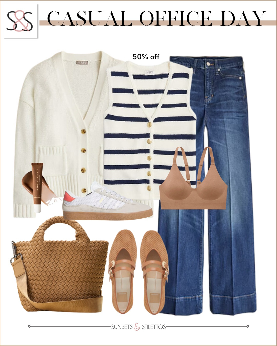This outfit is perfect for dressing up a casual day at the office. The striped sweater vest adds polish, while the cardigan keeps it cozy. A structured bag and soft sneakers pull the whole look together without sacrificing comfort.

Sunsets and Stilettos casual office outfit spring workwear striped vest wide leg jeans white cardigan sneakers work outfit ideas classic style

#LTKWorkwear #LTKSeasonal #LTKOver40