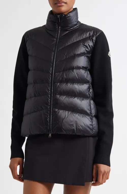Moncler Quilted Down & Wool Knit Cardigan in Black/black at Nordstrom, Size Large | Nordstrom