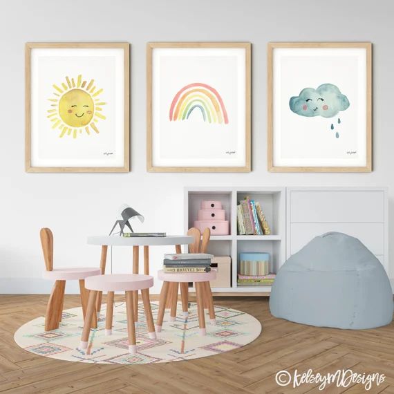 Set of 3 Sun Rainbow Cloud Prints, Rainbow Print, Girls Rainbow Wall Art, Kids Room Wall Decor, N... | Etsy (US)