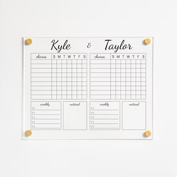 Personalized Chore Chart for 2 Kids, Acrylic Dry Erase Board, Family Planner, Command Center | Etsy (US)