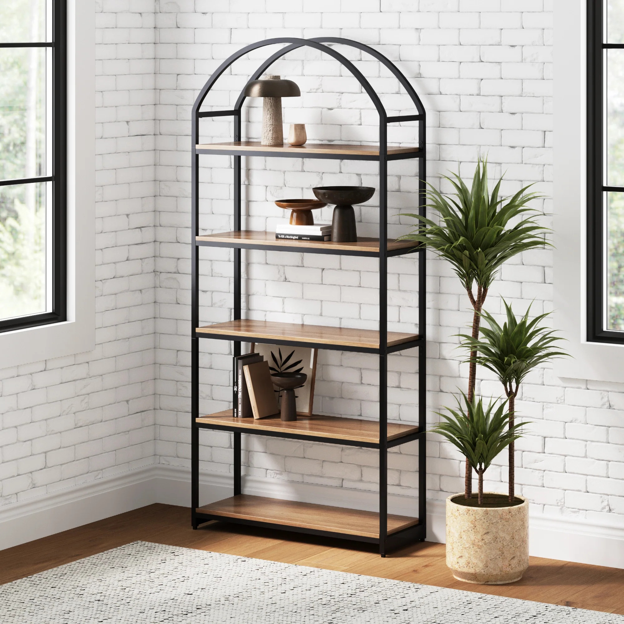 Wood & Metal 5-Shelf Arch Bookshelf Oak | Nathan James