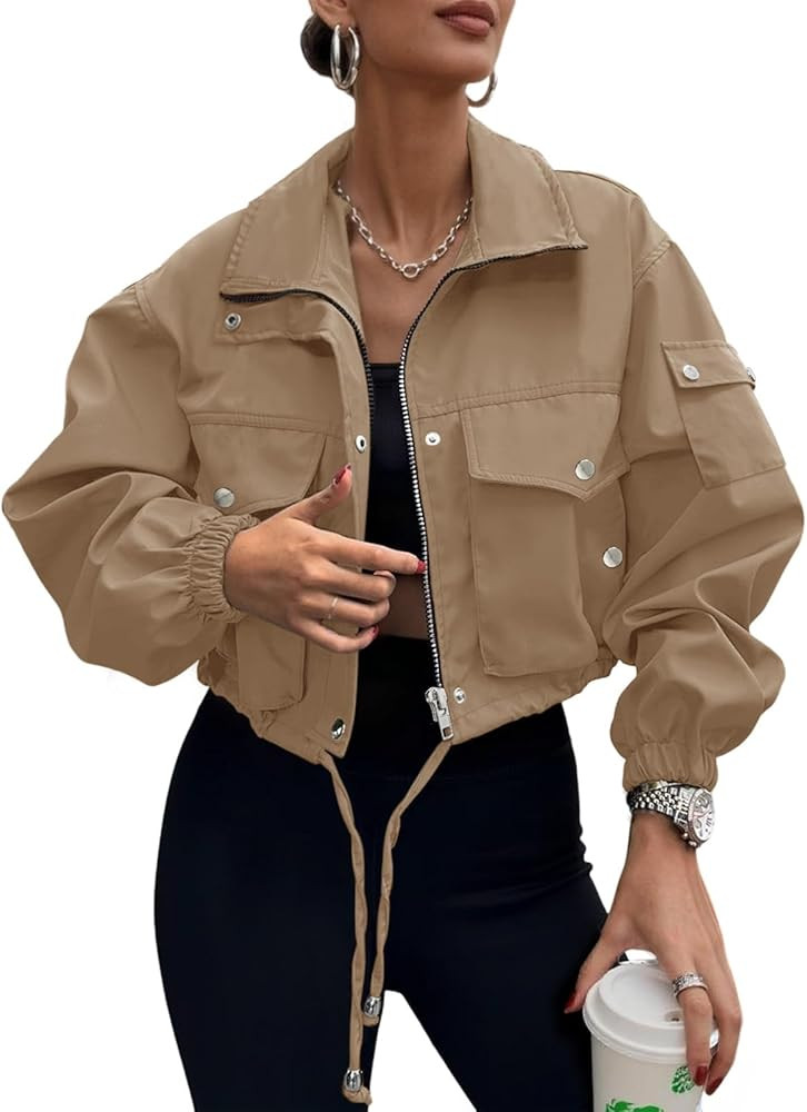Womens Cropped Bomber Jacket 2026 Trendy Zip Up Lightweight Utility Anorak Coat With Pockets | Amazon (US)