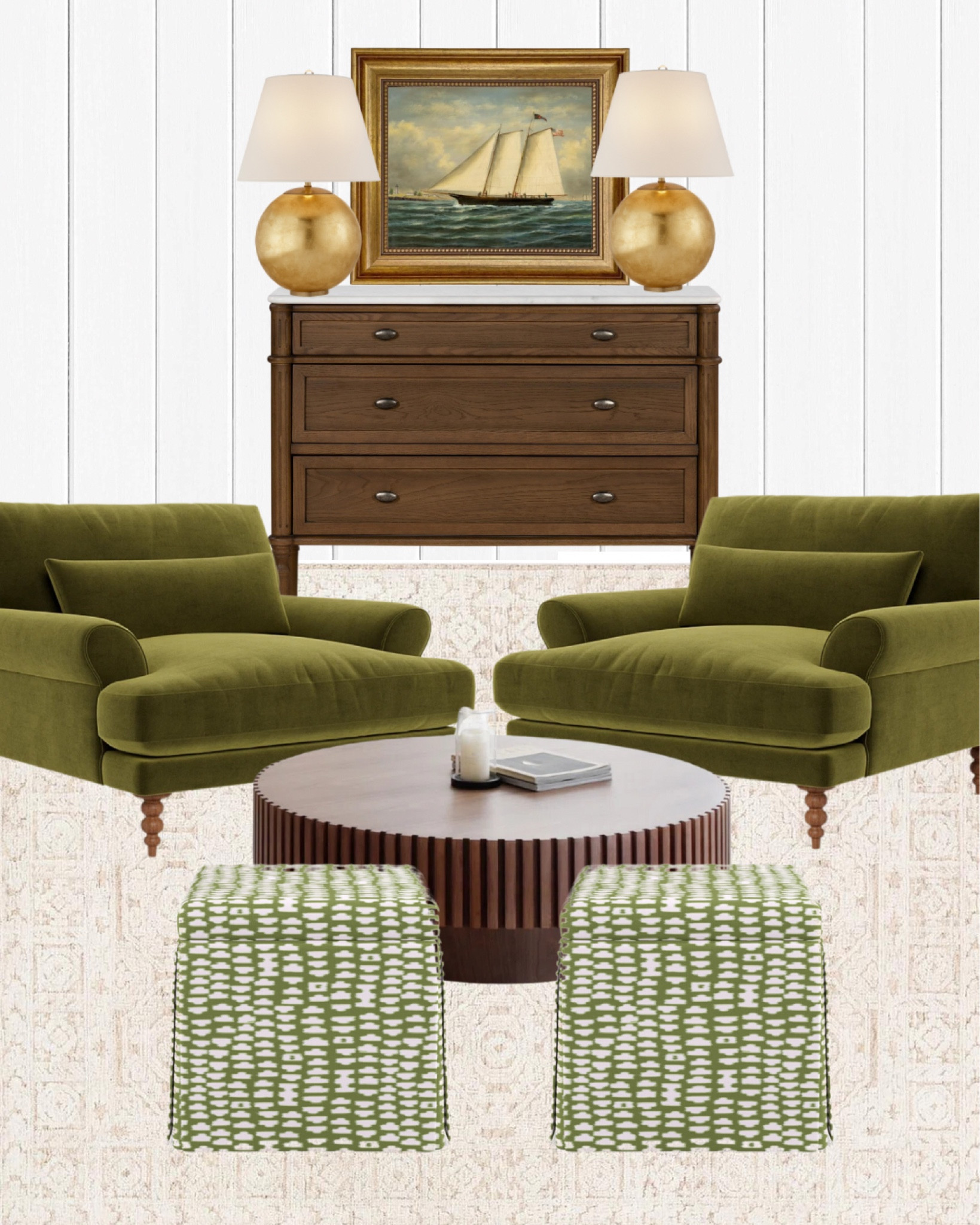 Nancy meyers sitting room. Sitting room inspiration. Sitting room design. Living room design. Living room decor. Green chairs. Brass lamps  