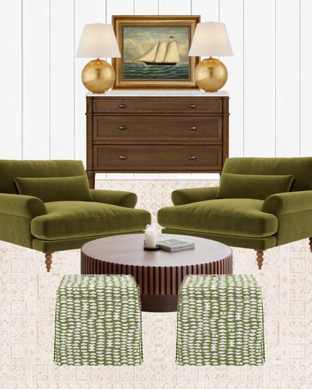 Nancy meyers sitting room. Sitting room inspiration. Sitting room design. Living room design. Living room decor. Green chairs. Brass lamps  