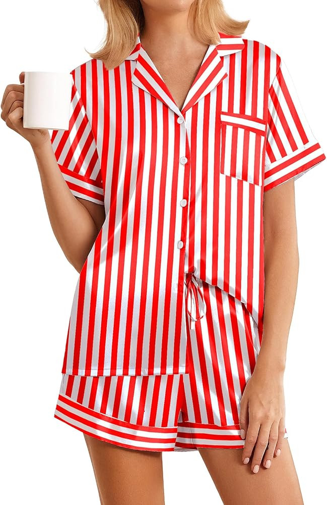 Ekouaer Womens Silk Satin Pajamas Sets 2 Piece Short Sleeve Sleepwear Button Down Top and Shorts ... | Amazon (US)