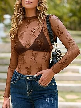 MEROKEETY 2024 Womens Mesh Sheer Long Sleeve Layering Top Sexy Y2k Mock Neck Floral Lace See Thro... | Amazon (US)