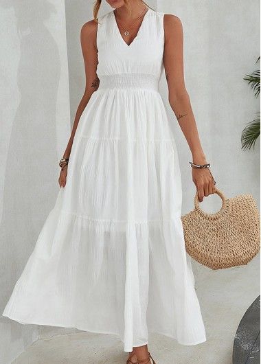 White Smocked Sleeveless V Neck Maxi Dress | modlily.com - USD 33.98 | modlily.com