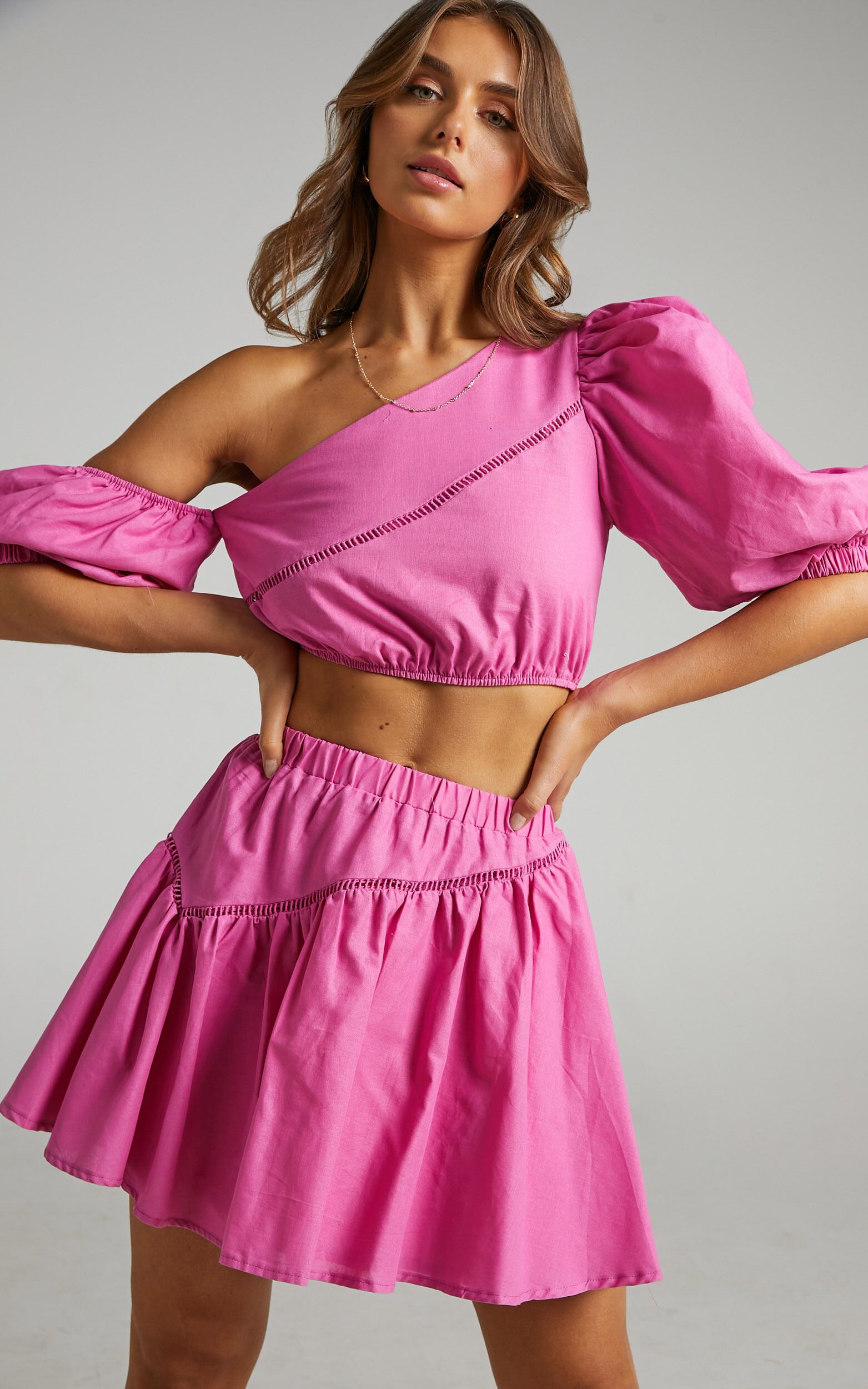 Berlyn off shoulder puff sleeve two piece set in Pink | Showpo | Showpo - deactived