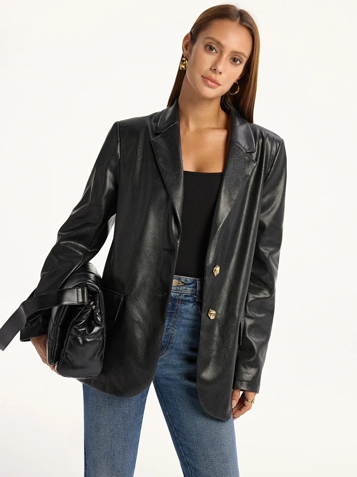 Snake Print Metal Button PU Leather Blazer | Commense