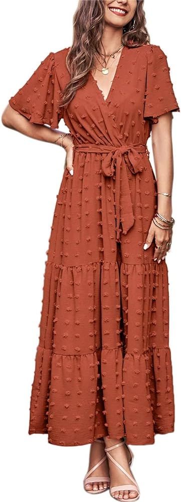 MASCOMODA Womens Boho Swiss Dot Maxi Dresses Wrap V Neck Flutter Short Sleeve Solid Tie Belt A Li... | Amazon (US)