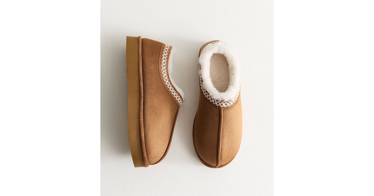 Tan Faux Suede Cross Stitched Faux Fur Lined Slipper Boots | New Look | New Look (UK)