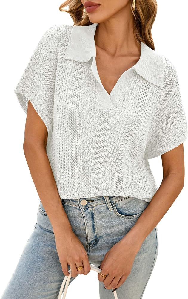 Cakulo Womens Short Sleeve Sweaters Tops Spring Summer 2026 Polo V Neck Collared Crochet Knit Vac... | Amazon (US)