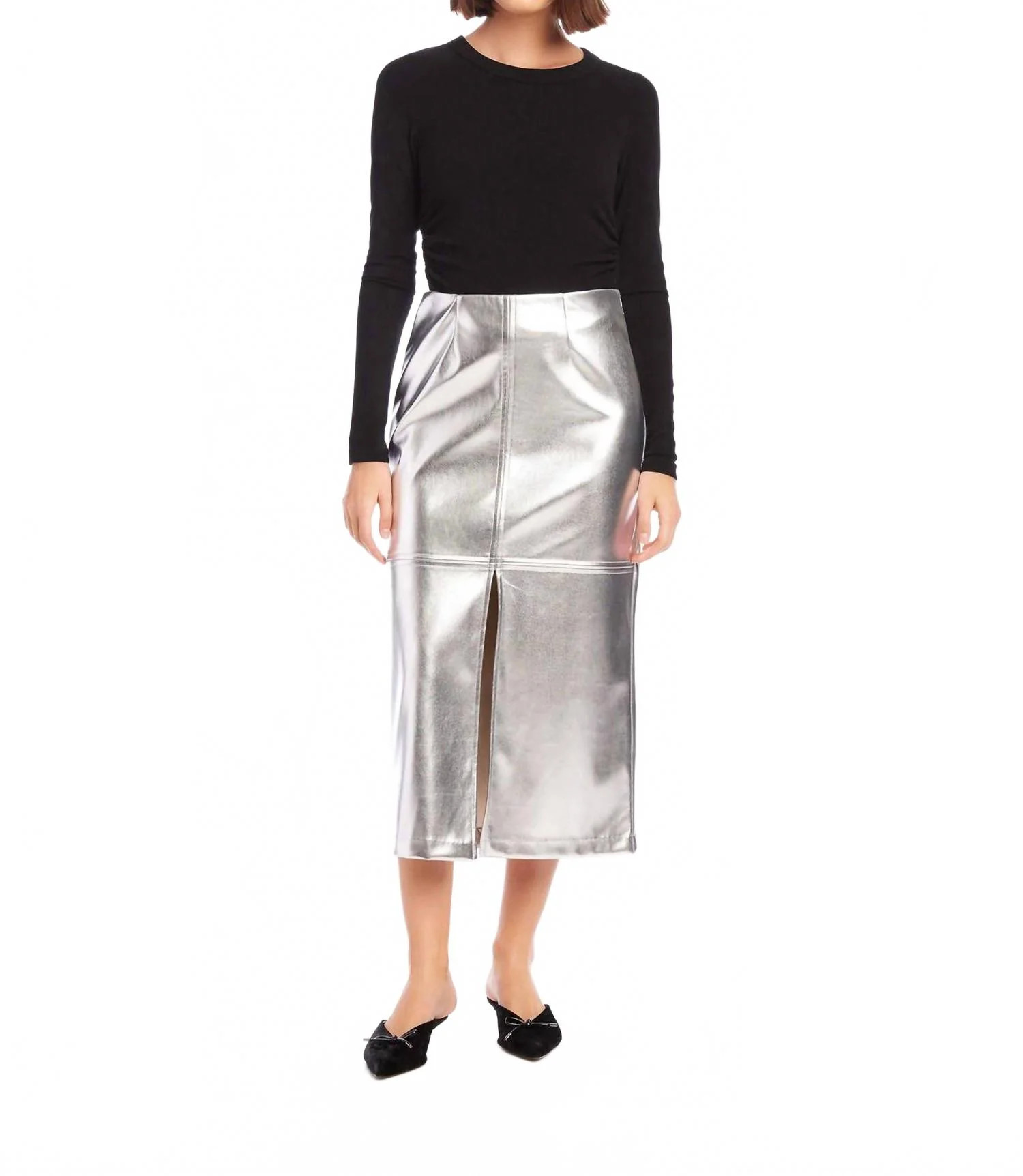 Kaia Faux Leather Front Slit Midi Skirt In Silver | Shop Simon