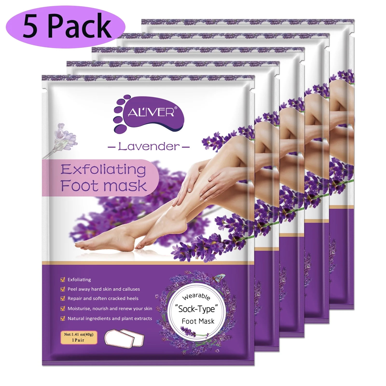ALIVER Foot Peel Mask Baby Feet Mask Moisturizing Foot Repairing Mask, Lavender 5 Pack | Walmart (US)