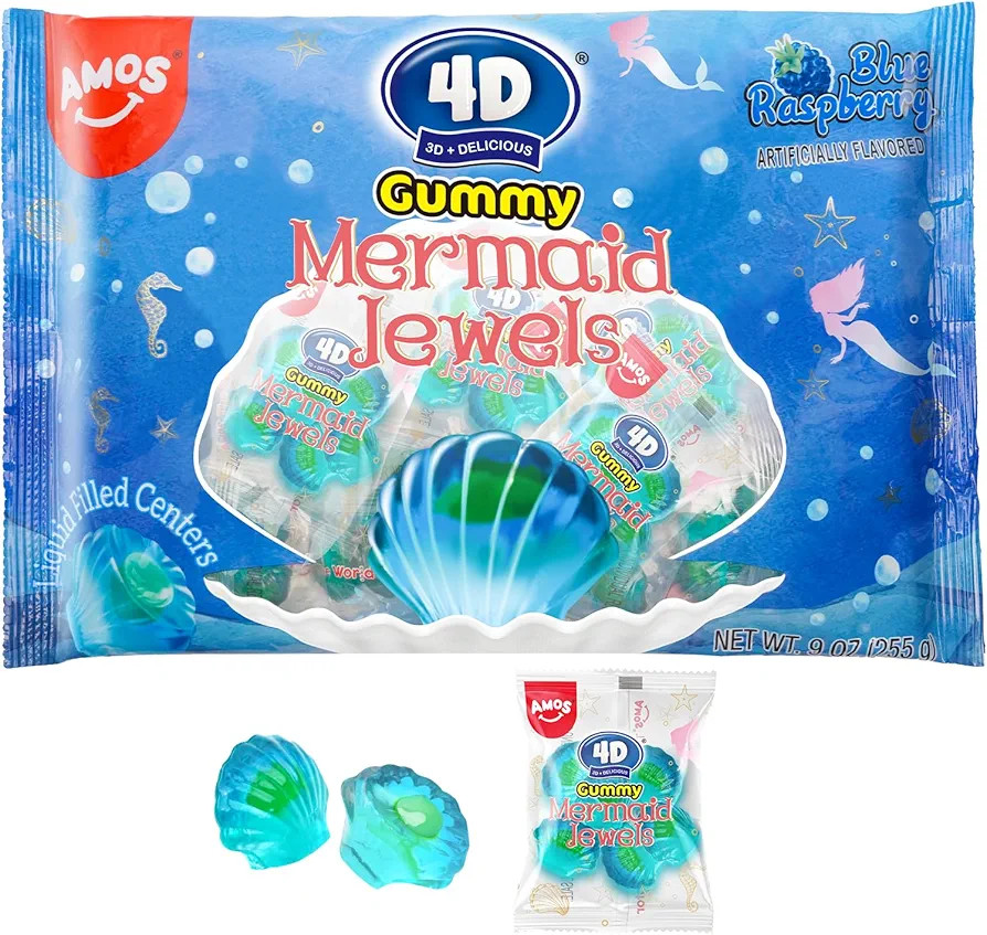 AMOS 4D Mermaid Gummy Candy, Blue Raspberry Flavor, 9 oz Box - 3D Seashell Shapes with Soft Jelly... | Amazon (US)