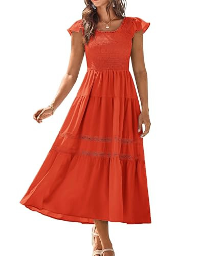 Cute Dresses Midi Sundress Summer Dress Flowy Summer Dresses for Women 2025 Trendy Summer Maxi Dress Orange Red Size S | Amazon (US)