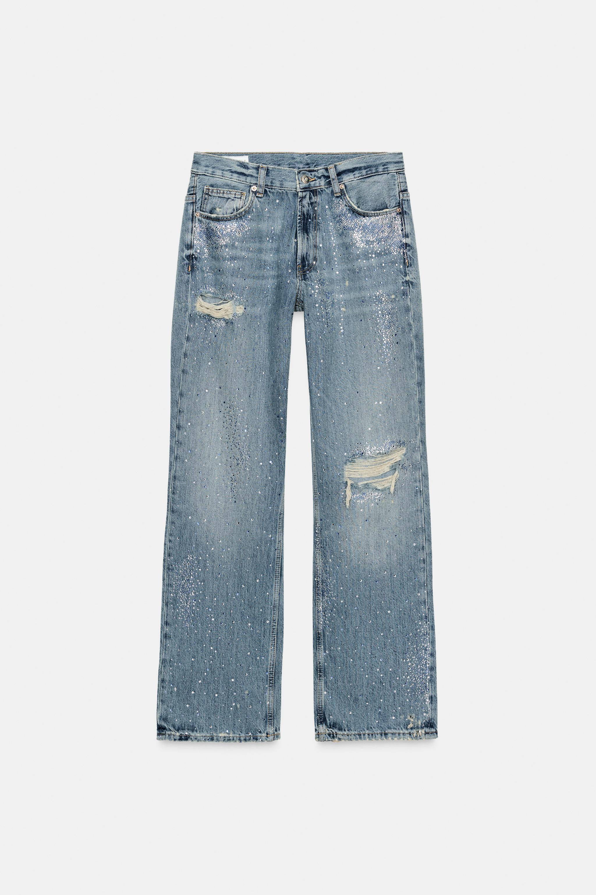 TRF RIPPED WIDE LEG RHINESTONE JEANS | Zara US
