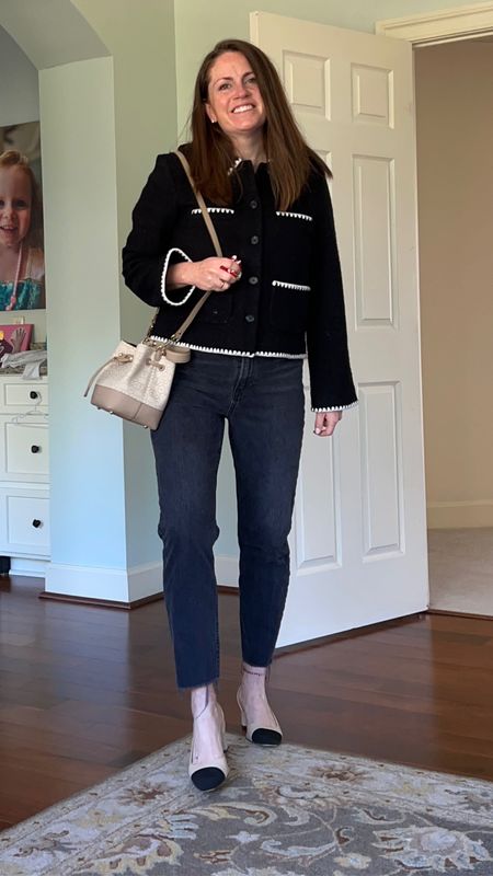 Weekend ootd Captured by my kids. Causal comfy. Black and white. Blazer. Best jeans. Channel dupes look alike  

#LTKmidsize #LTKparties #LTKover40