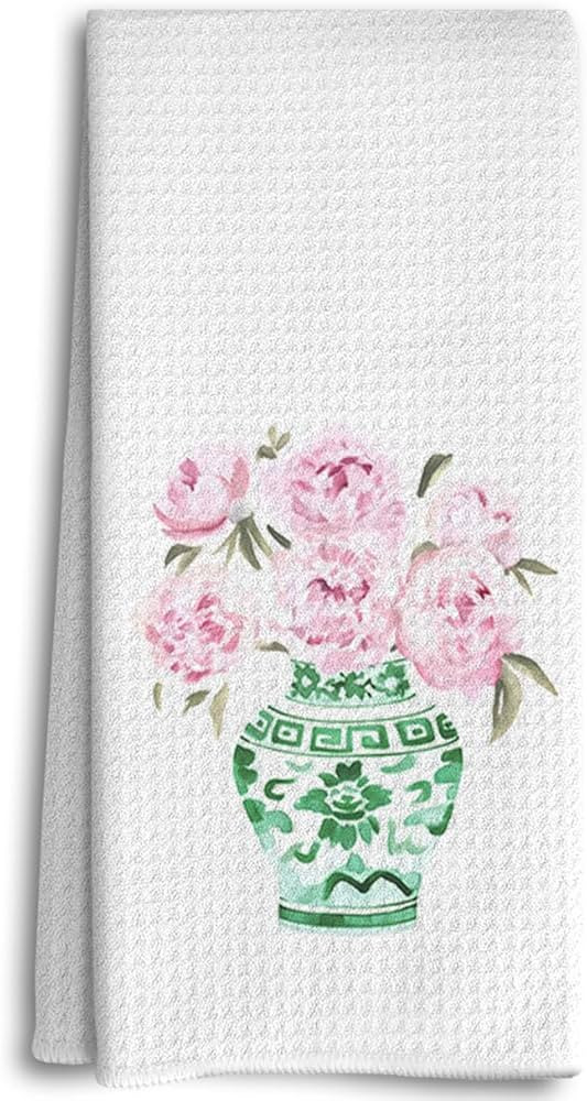 Green Porcelain Kitchen Towels, Chinoiserie Decor, Preppy Hand Towels, Watercolor Pink Floral Chi... | Amazon (US)