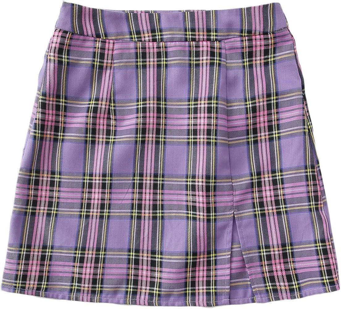 Milumia Women Casual Plaid High Waist A Line Slit Hem Zipper Mini Short Skirts | Amazon (US)