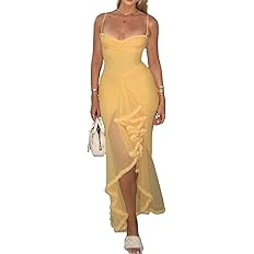 NRTHYE Women Elegant Irregular Ruffles Hem Maxi Dress Mesh Ruched Sleeveless Backless Pleated Lon... | Amazon (US)