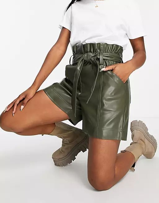 Topshop faux leather highwaisted paperbag shorts with tie belt in khaki | ASOS (Global)