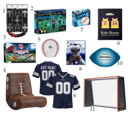 If your kids, teens or tweens are anything like mine they are currently sports obsessed. Here are some gift ideas sure to please the little sports fan in your life. 

1. Bean Bag toss (available in basketball, football and baseball themes)
2. Glowing Capture the Flag
3. Sports theme board games (linked NFL Monopoly and fast track a hockey theme fame)
4. NFL mini gaming chair (also available in NBA)
5. Autographed memorabilia from their favorite player 
6. A custom Jersey
7. Trivia Calndar about their favorite sport (baseball, football, and basketball all linked) 
8. Madden PS Game
9. A book on their favorite player
10. My kids love these light up footballs, also available for the basketball and baseball fans. 
11. A rebound soccer goal 

#giftguide #kidsgifts #kidgiftideas #sportsgifts #athletegifts #footballgifts #soccergifts #baseballgifts #basketballgifts #soccer #basketball #baseball #football #beanbag #beanbagtoss #nflmonopoly #hockeygame #hockeygift #minigamingchair #customjersey #soccergoal #glowinthedark #sportsgames  #sportsbooks #jersey #glowinthedark#capturetheflag  #glowinthedarkfootball #glowinthedarkbaseball #basketball  #teengifts #teengiftideas #tweengifts #tweengiftideas

#LTKHoliday #LTKGiftGuide #LTKHolidaySale