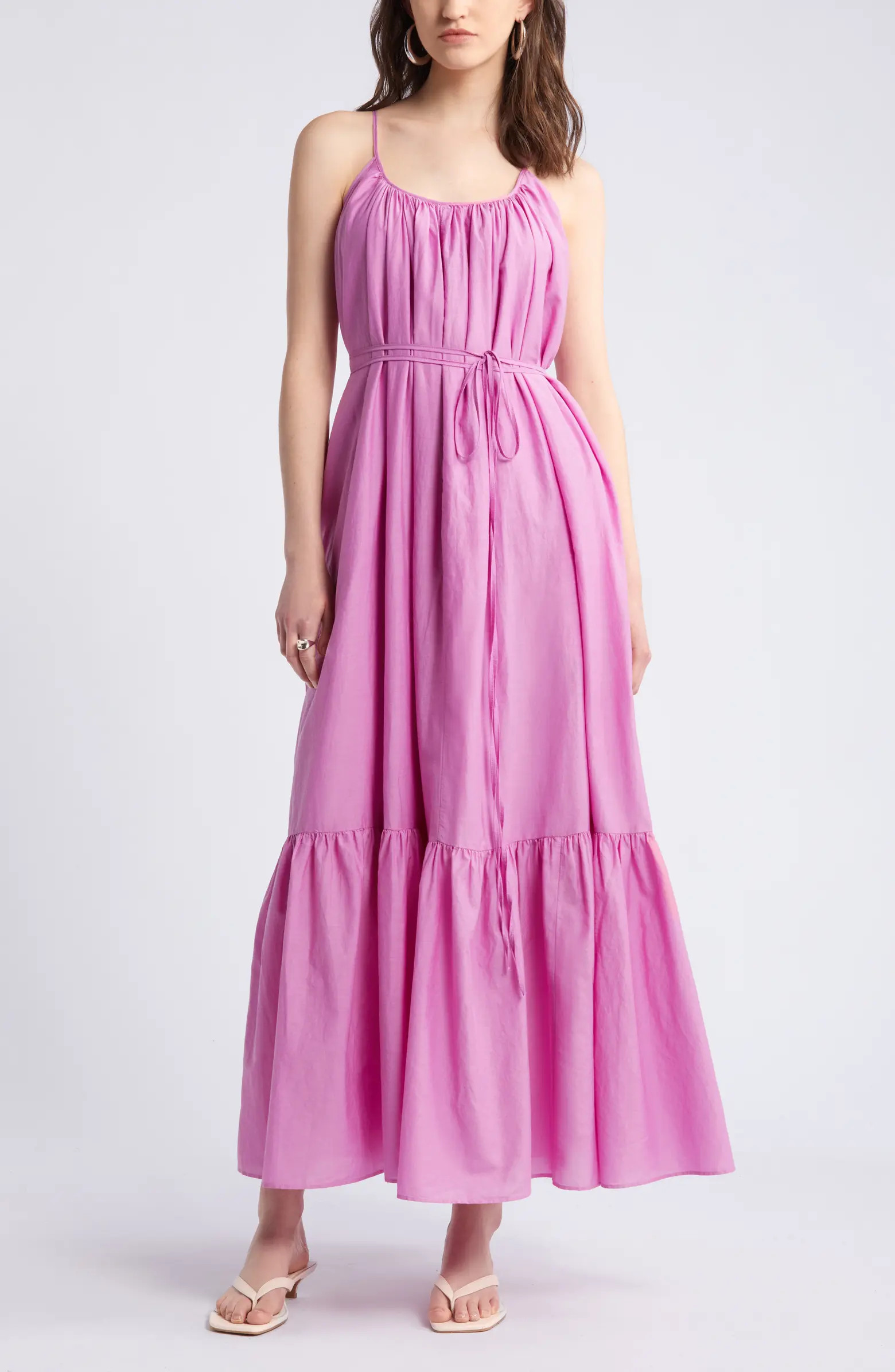Cotton & Silk Tie Waist Tiered Sundress | Nordstrom