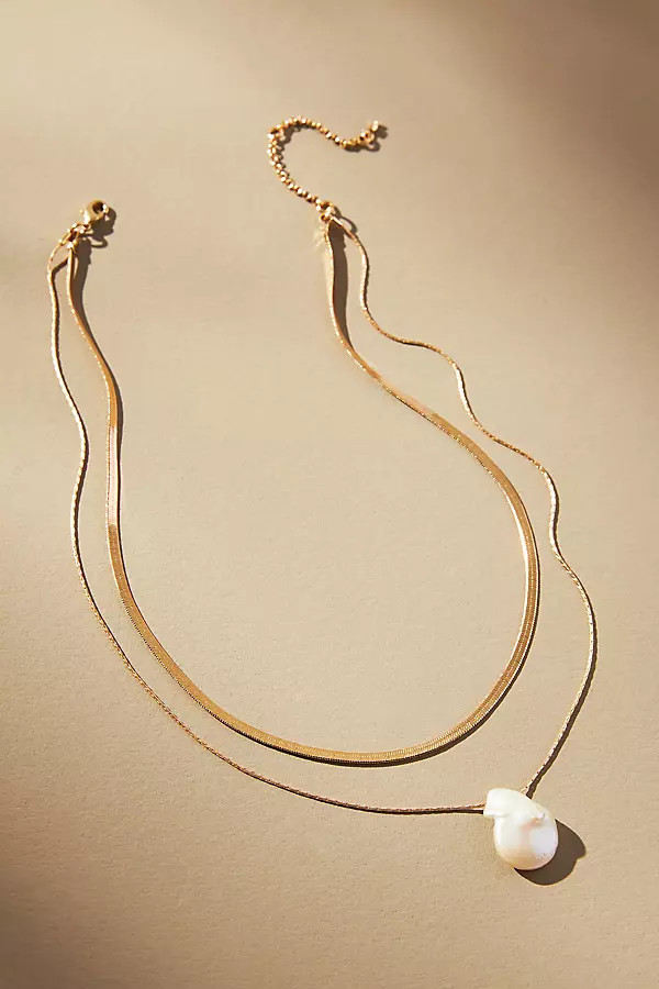 Layered Herringbone Pearl Necklace By By Anthropologie in Gold | Anthropologie (US)