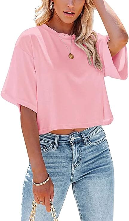 TICTICMIMI Women's Summer Crop Tops Short Sleeve Crew Neck T-Shirts Basic Pullover Tees | Amazon (US)