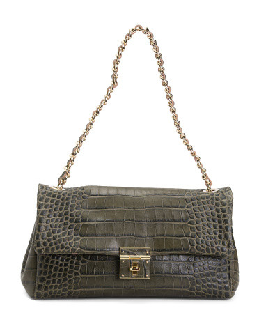 Made In Italy Leather Crocodile Flap With Turnlock And Chain Strap | TJ Maxx
