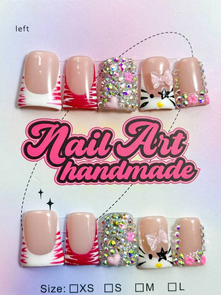 10 Stück/Set handgemachte Y2K Entenmaul Nagelkunst mit Katzenaugen, handbemalte Kätzchen, Farbv... | SHEIN