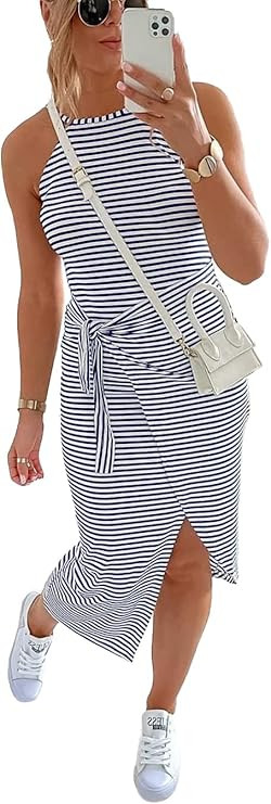 NOLLSOM Women Casual Sleeveless Striped Tank Midi Dresses Halter Neck Ruched Bodycon Dresses Tie ... | Amazon (US)