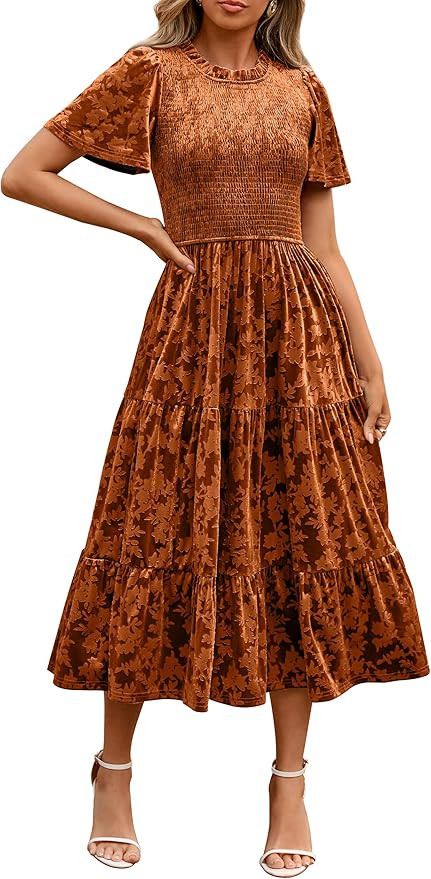 Simplee Velvet Dress for Women Semi Formal Short Sleeve Floral Smocked Empire Waist Fall Winter W... | Amazon (US)