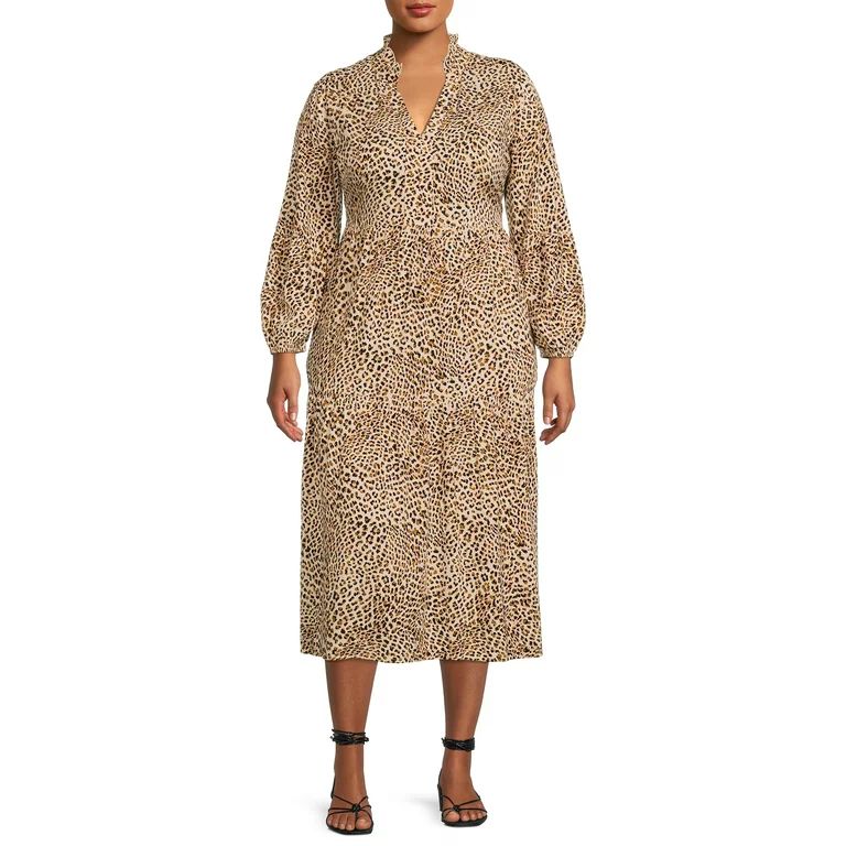 Terra & Sky Women's Plus Size Long Sleeve Printed Peasant Midi Dress | Walmart (US)