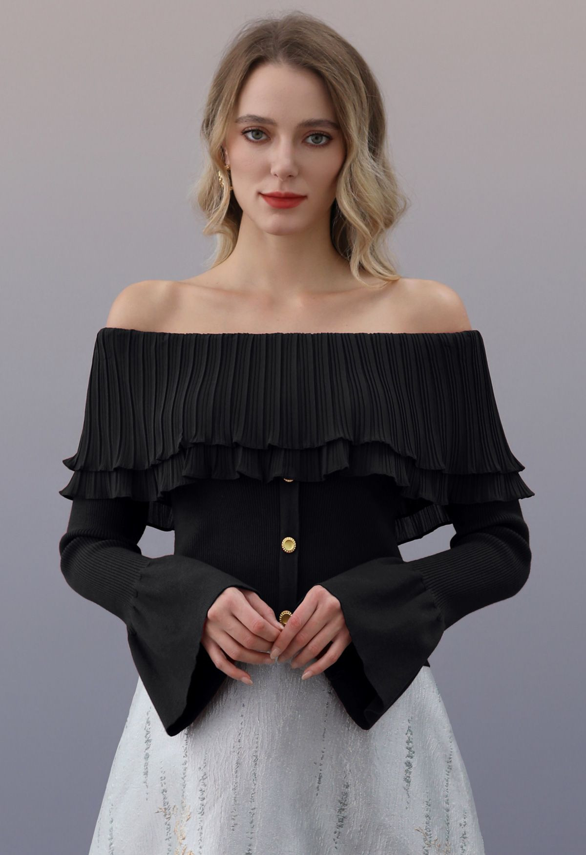 Off-Shoulder Double-Layered Pleated Spliced Knit Top in Black | Chicwish