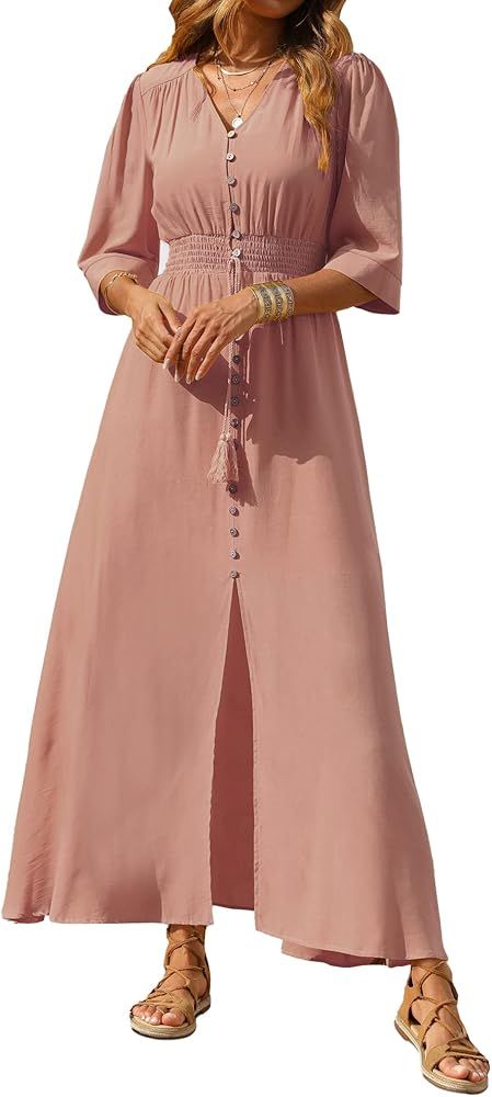 BTFBM Casual Women Short Sleeves V Neck Button Up Drawstring Dresses Solid Color Long Beach Split Bo | Amazon (US)