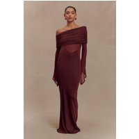 Kaitlin One Shoulder Slinky And Mesh Maxi Dress / Burgundy | MESHKI | XS | MESHKI US