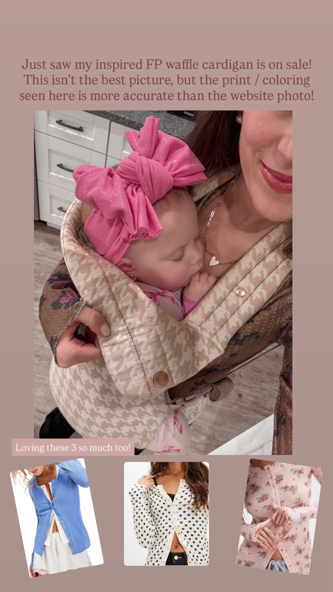 Inspired free people going places cardigan ; waffle cardigan ; trending brown waffle top ; Mabe baby carrier - code JACLYNM

Must have mom item ; nursing friendly top ; baby shower gift ; new mom gift 

Pink bow headband - @tyedNknots / code JULES

#LTKootd #LTKmomlife #LTKBump