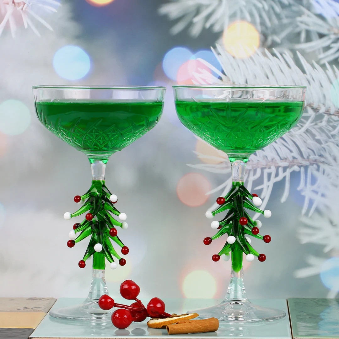 Christmas Tree Cut Crystal Champagne Coupe Glasses, Textured Cocktail Glass Set, Holiday Party In... | Etsy (US)